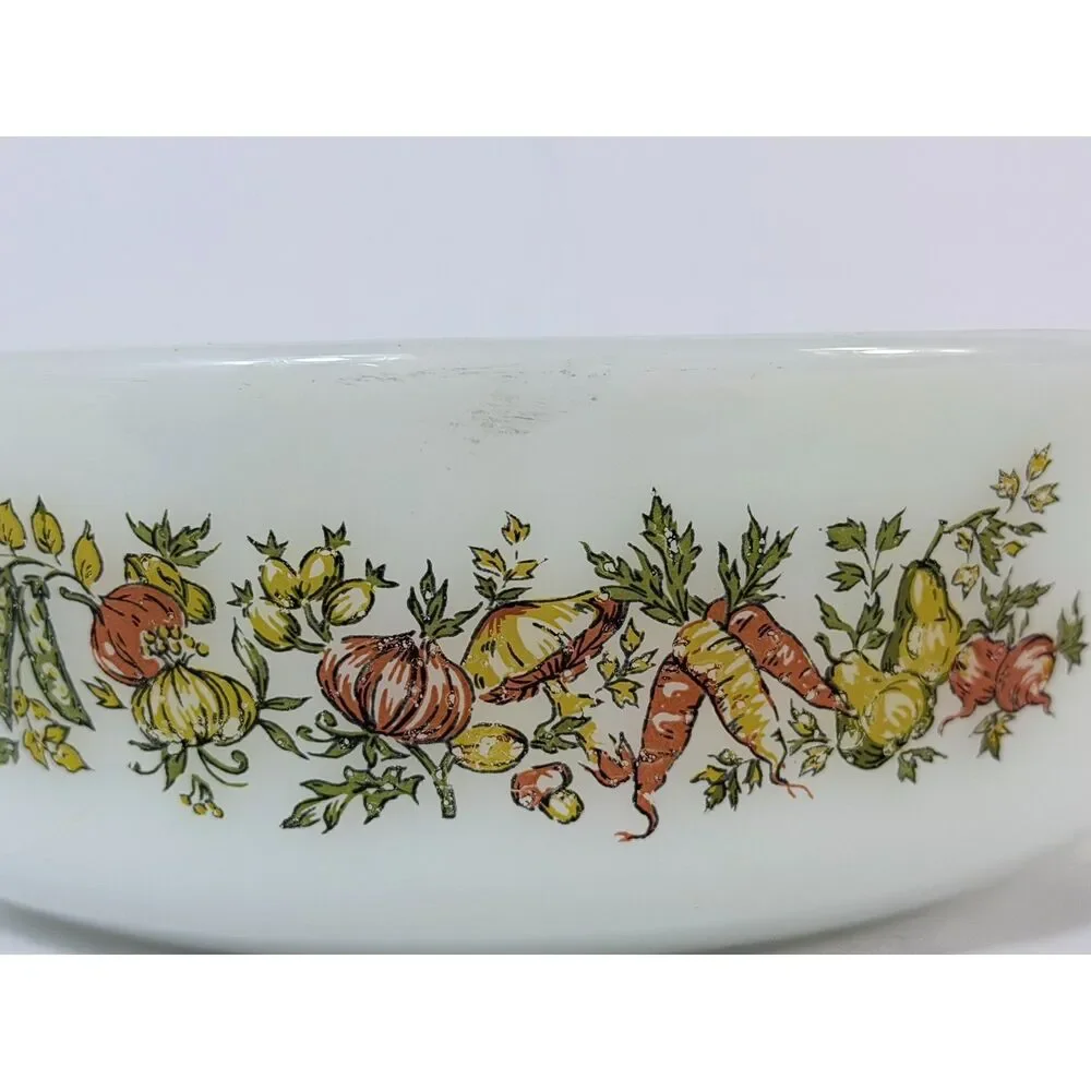 VTG Anchor Hocking Fall Vegetable Harvest Casserole Dish White 1 Quart No Lid